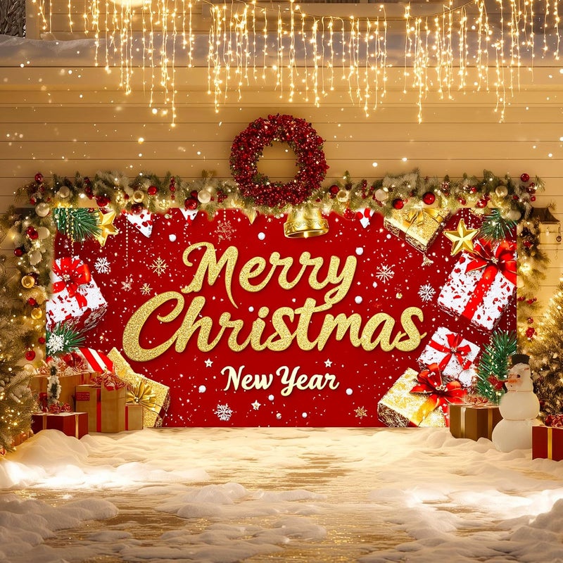 IVN Christmas Garage Door Cover Decoration 13x6ft Red Glitter Wrapped Gifts Golden Bells Snowflakes Merry Christmas Winter Garage Door Banner Home Door Front Yard Decor for Xmas Eve Holiday Outdoor - Image 2